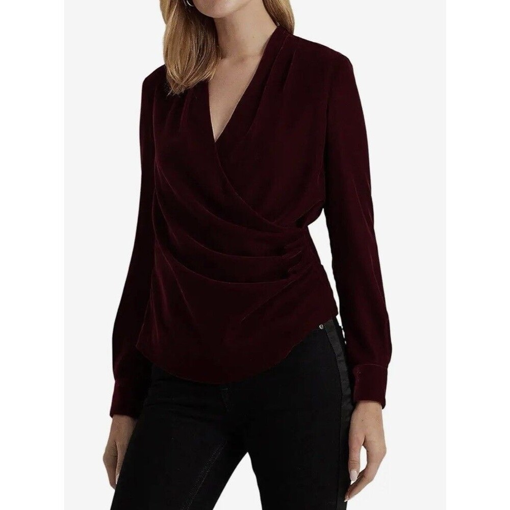 Lauren Ralph Lauren V-neck Velvet Surplice Blouse Dark Red Women’s Size 14**NWT